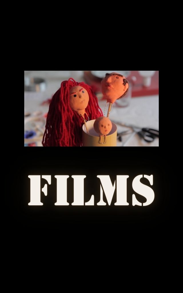 Image shows a still photograph containing and image of 3 puppet heads on sticks. The word "films" is below the image.