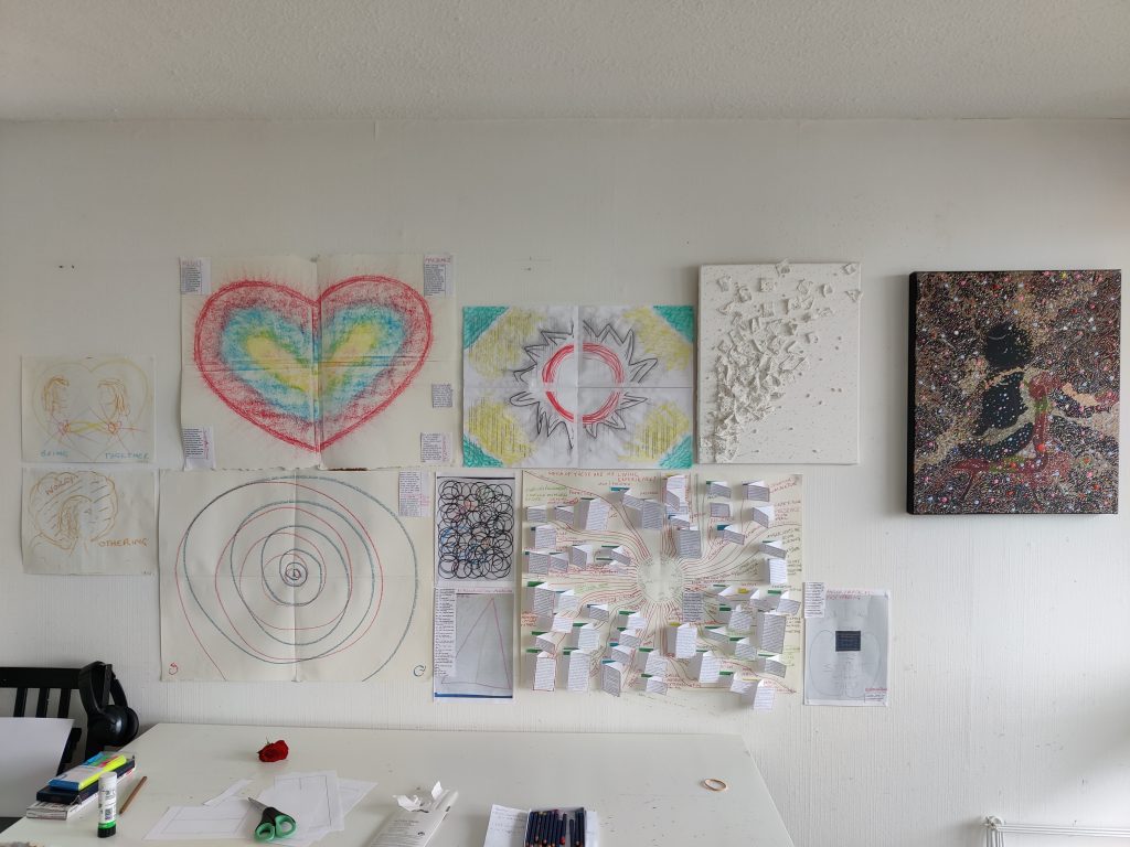 image shows a wall with 2 canvas paintings and 8 pieces of paper with drawings on them: a heart with 2 people inside, a person with their head inside a cloud with the word "worry" in it and the word "othering" written on the paper, a large multi coloured heart, two spirals - red and blue, a series of black circles, a pink triangle, a red circle with black spikes surrounding it with yellow outside of the black and green in the corners of the image, a diagram with colour coded lines leading to bits of paper, a collage with the words "would I have known where to start without this?" written on.