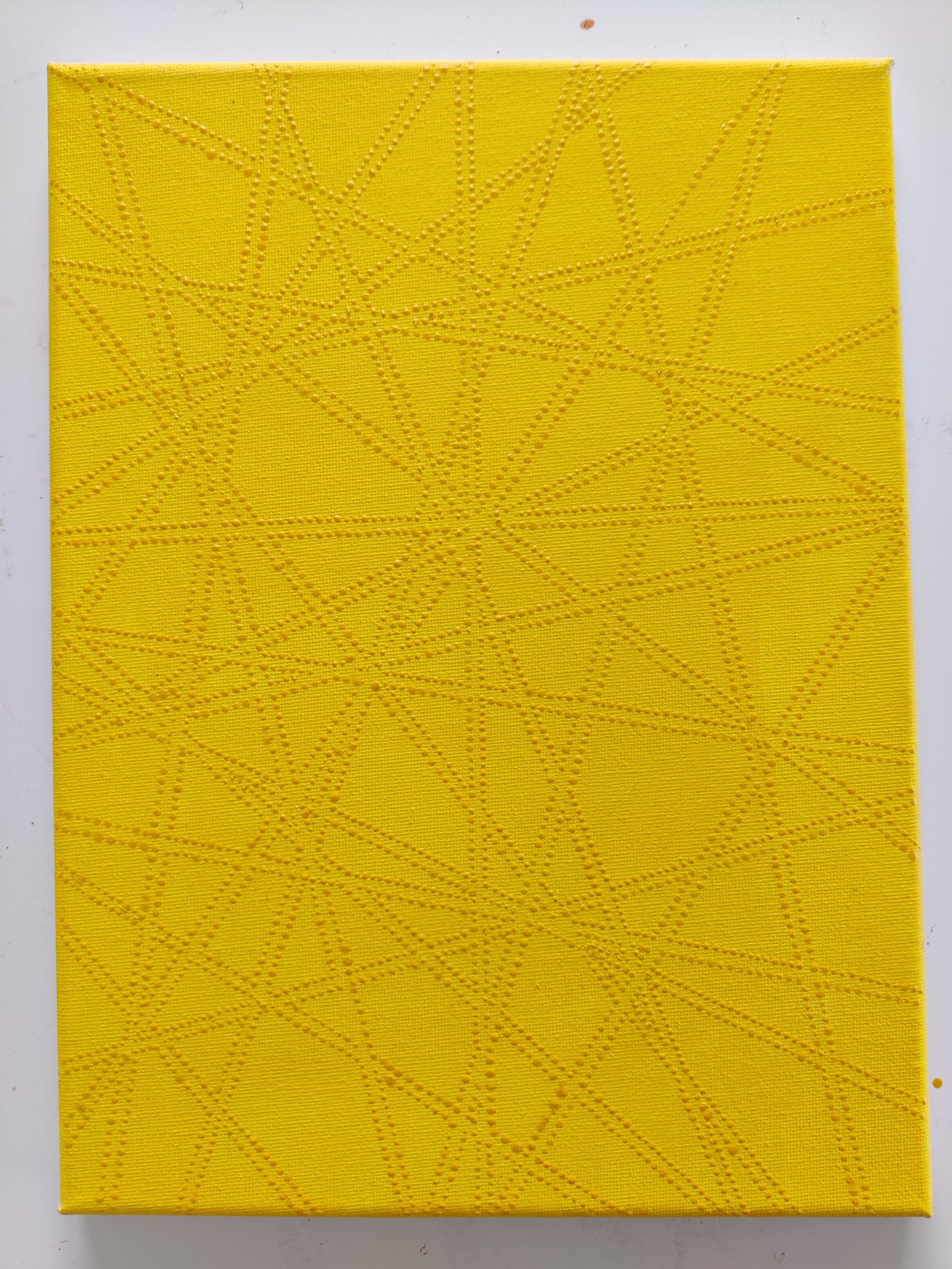 painting with yellow background and lots of tiny yellow dots that make lots of triangles as they criss cross one another