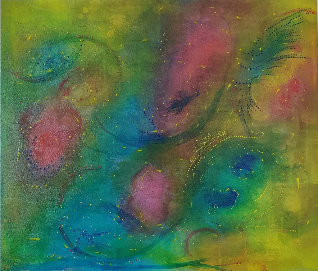 canvas with layers of dark paint beneath layers of blue, pink and yellow with blue, pink and yellow dots picking out a sense of movement