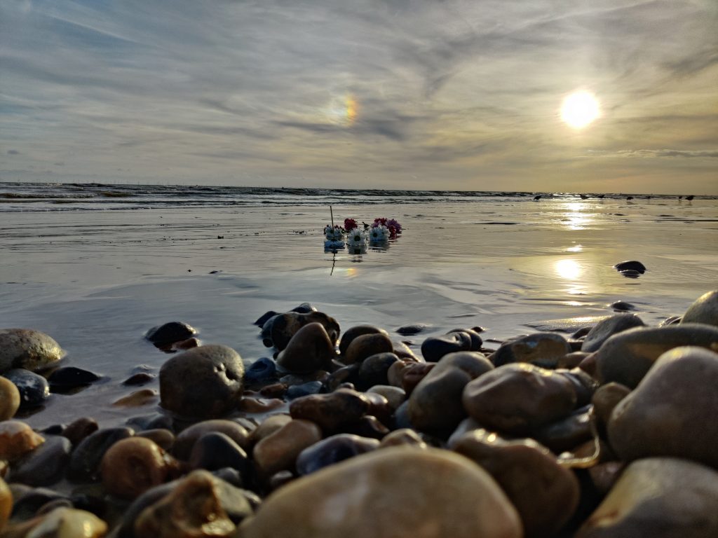 photo of Brighton beach with setting sun low in sky. Tide is out and sun is reflected on wet sand. Pebbles in the foreground. On the sand are some flowers.