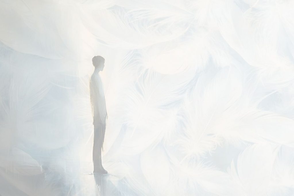 Softly blurred figure standing looking into distance, with blurred feather shapes around them