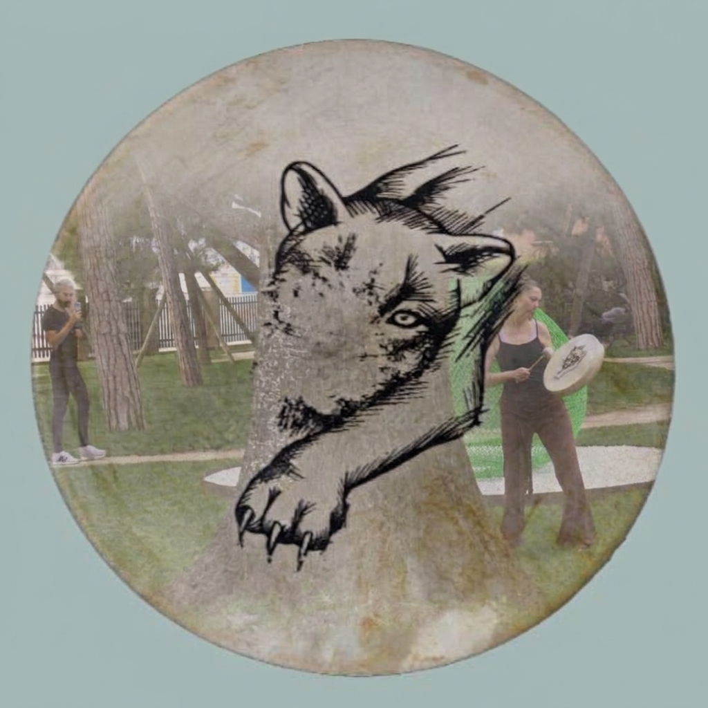 shamanic drum with drawn on image of jaguar that is faded from use of drum beater, blended with image of julia fry beating the drum in a park in venice